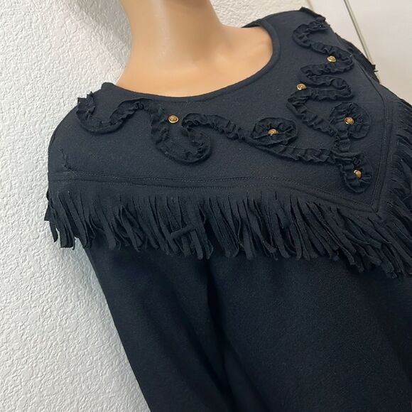 CL Carol Little Dress Sz 6 Black Wool Scoop Neck Long Sleeve Gem Stone Fringe - Picture 3 of 14